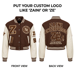 Women Crop Top Varsity <b>Jacket</b> 450 GSM Wool Blend Body PU Leather Sleeves Brown <b>Cream</b> Applique Embroidery Custom Logo - Product Image 1