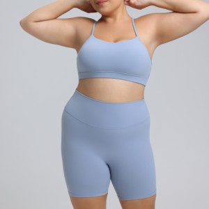 Ensemble de yoga personnalisé ultra-extensible XXXL, soutien-gorge de sport respirant, short à bretelles croisées, col carré, motif à carreaux, ensemble en Spandex/Nylon - Product Image 5