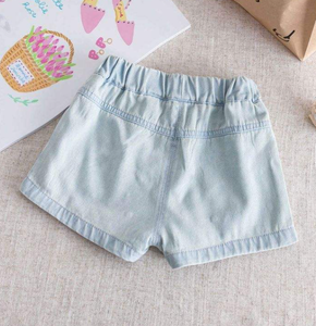 Shorts Bermuda en coton bleu clair pour filles avec poches à nœud, taille haute élastique, pantalon décontracté d'été - Product Image 3