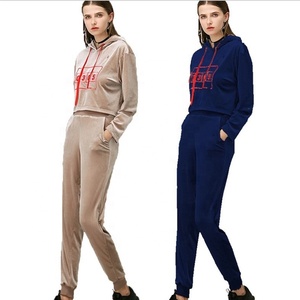 Women <b>long</b> sleeves crop top custom fabric and printing hoodie with <b>matching</b> joggers pants two piece set - Product Image 1