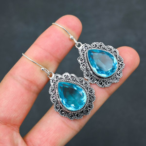 Boucles d'oreilles personnalisées en argent sterling 925 avec topaze bleue créée en laboratoire, 1,9 pouce, bijoux en pierres précieuses faits à la main, boucles d'oreilles fines antiques, cadeau pour femme - Product Image 4