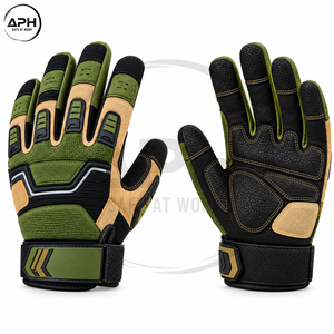 Gants de mécanicien vert olive et beige avec paume texturée noire, panneaux en tissu côtelé et sangle de poignet réglable - Product Image 6