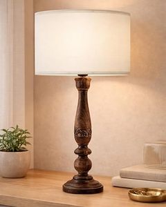<b>Rustic</b> Wooden <b>Table</b> Lamp Fabric Empire Shade <b>Bedside</b> Desk Light Decorative Home Decor - Product Image 3