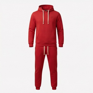Ensemble de survêtement pour homme, rouge, à capuche, manches longues, couleur unie, sweat-shirt décontracté et pantalon de jogging avec poches à cordon - Product Image 1