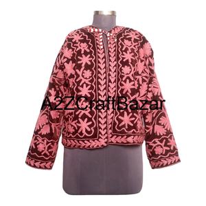 Handmade Vintage Winter Velvet Jacket with Floral Embroidery O- Neck Suzani-Style Border Length <b>Wool</b> Lining Breathable - Product Image 1