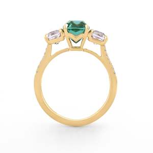 Three Stone Ring Emerald Cut Green Gemstone Pink Morganite Prong Setting Classic Women's Engagement Style - Product Image 3