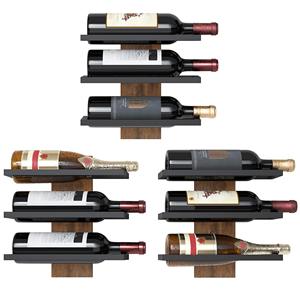 Estante de Vino de Pared de Tres Niveles Estilo Industrial Vintage para 9 Botellas, Estantes Flotantes de Madera Rústica y Metal Negro - Product Image 1