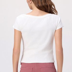 T-shirt à épaules tombantes au design élégant avec logo personnalisable, style coréen, streetwear, mode / t-shirt décontracté pour femme, col en V - Product Image 5