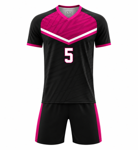 Custom <b>Volleyball</b> Uniform <b>Set</b> Black Pink Geometric Print Sublimated V-Neck Short Sleeve Moisture Wicking Adult Unisex Athletic - Product Image 1