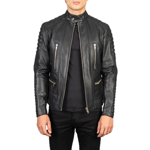 Blouson de moto Cafe Racer pour homme en cuir véritable noir, écologique, respirant, matelassé, coupe ajustée, imperméable et coupe-vent - Product Image 2
