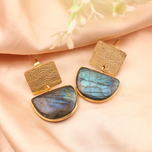 Natural flash labradorite <b>drop</b> earrings textured brass gold plated bezel set Smooth gemstone wholesale pushback closure jewelry - Product Image 4