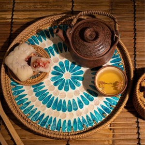 Plateau de service en rotin rond fabriqué à la main avec incrustation de nacre tissé à la main en gros bon prix du Vietnam - Product Image 4