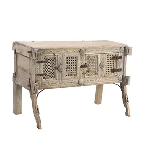 <b>Vintage</b> Hand Carved Wooden Damchiya Two Door Storage Cabinet Wedding Chest <b>Console</b> Side <b>Table</b> Traditional Indian Furniture - Product Image 3