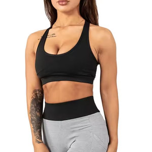 Women Solid Black Seamless Scoop Neck Racerback Sports <b>Bra</b> High Support Yoga Fitness Wear Breathable Quick Dry Four Way <b>Stretch</b> - Product Image 1