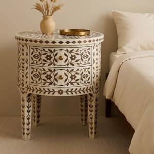 Elegante Mesita de Noche con Incrustaciones de Hueso, Mesita de Noche de Madera de Lujo con Diseño Decorativo Hecho a Mano - Product Image 2