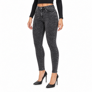 Jean en denim noir personnalisé, coupe crayon, taille mi-haute, décontracté, coupe skinny, effet délavé, grande taille pour femme - Product Image 3