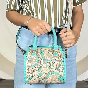 Bolsos de lona de cuero floral personalizados con precio de fábrica al por mayor, bolsos de mano pequeños turquesa para viaje y compras para mujer - Product Image 4