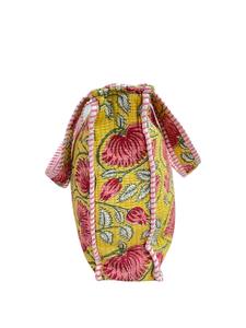 Yellow Floral Cotton Shoulder <b>Bag</b> With Pink Piping | High Quality Hand Block Print Small Tote <b>Bag</b> Zipper Handmade Masterpiece - Product Image 2