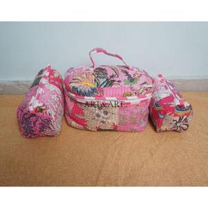 Elegant Handcrafted 3pc Quilted <b>Vanity</b> Pouch Set Organic Cotton Floral printed Water-Resistant Lining Multipurpose Storage Bags - Product Image 1