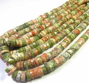 Perles de pierres précieuses naturelles Unakite Heishi en forme de disque, 6,5-7 mm, perles opaques percées au centre, 16 pouces, Unakite vert, pierres à facettes en forme de roue, pour bricolage - Product Image 4
