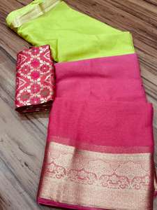 Sari de Chiffon de Seda Pura con Brillo, Pallu con Tejido Chit, Teñido a Mano de Jaipur, Borde con Tejido Zari Rico, Listo para Fiestas - Product Image 2