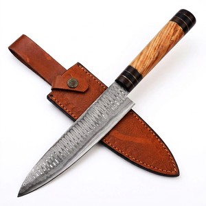 Cuchillo de Cocina de Acero de Damasco Forjado a Mano, Hoja Fija, Mango de Madera de Olivo y Resina, Funda de Cuero, Directo de Fábrica - Product Image 1