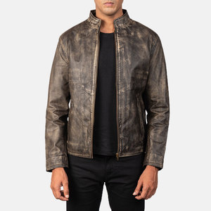 Veste en cuir marron vieilli pour homme, col montant, fermeture éclair, coupe ajustée, style moto, pour l'hiver, réversible et respirante - Product Image 1