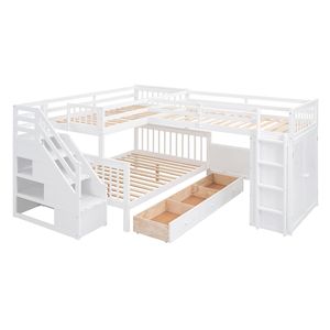 White Twin Over Full L Shaped Bunk <b>Bed</b> with <b>Portable</b> Desk and Wardrobe 3 Drawers-Kids' Furniture Set (OLD SKU LT000542AAK) - Product Image 3