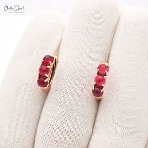 Boucles d'oreilles pendantes en rubis de Birmanie naturel de 4 mm, taille ronde, prêtes à être expédiées, en or rose massif 14 carats, style Huggie Hoops, vente en gros, bijoux de mariage - Product Image 4