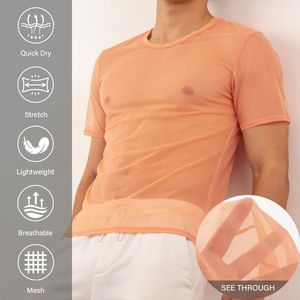 Chemise transparente à manches courtes en maille ouverte couleur pêche, en tissu polyester doux, extensible, aérien et respirant, pour homme, idéale pour les soirées. - Product Image 3