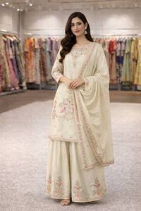 Haut de soirée en soie Chinon avec broderie et travail de sequins, et palazzo long avec dupatta - Product Image 3