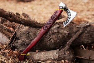 Handmade <b>Axe</b> Damascus Steel Blade Wood <b>Handle</b> With Leather Sheath Outdoor Knife - Product Image 3