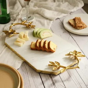 Luxury White Marble Serving Tray Decorative Gold Floral Handles Dishwasher Safe Portable Premium Display Tray for Table <b>Desk</b> - Product Image 1