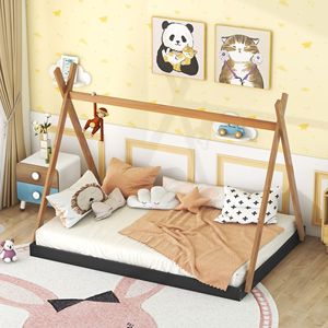 Letto a tenda nero e marrone a grandezza naturale con struttura triangolare per bambini - Product Image 2