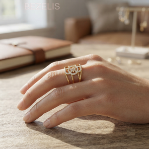 Anillo de oro amarillo de 18 quilates con diamantes cultivados en laboratorio, diseño de triple círculo entrelazado, banda ancha, tipo jaula de triple riel abierto VVS VS C - Product Image 5
