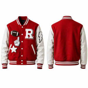 Red White Letterman <b>Jacket</b> With Applique R Football <b>Star</b> Lightning Design Full Sleeve Button Front Adult Casual Autumn Wear - Product Image 1