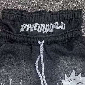 OEM Custom Heavyweight Acid Wash Cotton Drawstring Rhinestones Double Waist Shorts Streetwear Printed Men Summer Shorts - Product Image 3