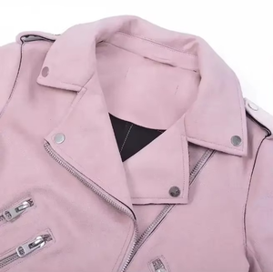 Women's Pink PU Leather Moto Jacket Turn-Down Collar Zipper Closure Full Sleeve Short Length Autumn Style Solid Color - Product Image 4
