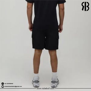Shorts cargo unisexes en coton noir uni pour homme, taille élastique, décontractés, respirants, avec poches, taille mi-haute - Product Image 2