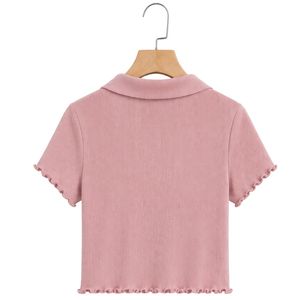 เสื้อโปโลครอปผู้หญิงสีชมพูอ่อน ผ้าริบถัก แขนสั้น ทรงเข้ารูป สไตล์ลำลอง คอวี ผ้าฝ้ายผสมสแปนเด็กซ์ ยืดได้ แฟชั่นฤดูร้อน - Product Image 2