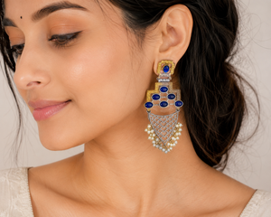 Oxidized Silver Gold-Plated Ethnic Fancy Chandelier Earrings Sapphire Bezel Setting Two Tone Long Dangles Direct Factory - Product Image 2