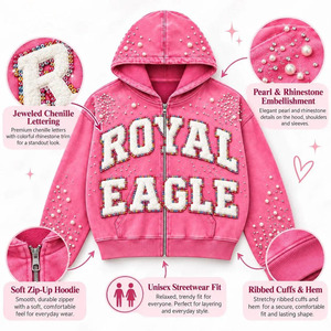 Sudadera con capucha rosa con cremallera unisex, con letras estampadas de perlas y pedrería, 100% algodón, para invierno, con logo frontal, servicio OEM - Product Image 5