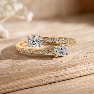 Bijoux fins en or massif 10K 14K 18K avec diamant de laboratoire ovale brillant et diamant de laboratoire taille rond, bague de fiançailles ouverte - Product Image 1