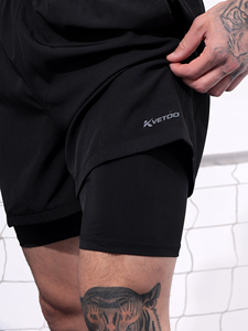 Kvetoo Black Woven Solid 2-<b>Layer</b> 140g Polyester Breathable Quick Dry <b>Mid</b> Waist String Elastic Running Shorts Men-Fitness Sports - Product Image 3