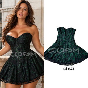 Vestido Corsé de Satén Verde con Varillas de Acero y Encaje Negro, Ideal para Fiestas y Eventos de Moda - Product Image 5