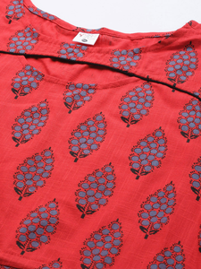 เสื้อคุर्ตาทรงเอไลน์ผ้าฝ้ายสลับเนื้อผ้าสำหรับผู้หญิงไซส์ใหญ่ พิมพ์ลายดอกไม้ คอกลม แขนสามส่วน สไตล์ลำลอง ชุดพื้นเมือง สีแดง - Product Image 5