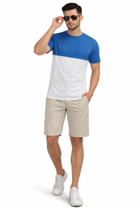 T-shirt à col rond colorblock bleu et blanc de qualité supérieure – Mélange de coton ultra-doux et respirant, essentiel pour un style décontracté - Product Image 4