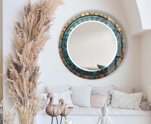 REHMAN CRAFT Turquoise & Antique Gold Mosaic Handmade LED <b>Round</b> <b>Wall</b> <b>Mirror</b> with MDF Wood & Bone Inlay - Product Image 3