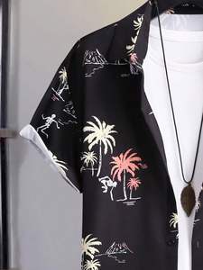 ชุดสองชิ้นลายต้นปาล์มเขตร้อนสำหรับผู้ชาย เสื้อเชิ้ตแขนสั้นติดกระดุมและกางเกงขาสั้นเอวยางยืด ชุดชายหาดฤดูร้อนน้ำหนักเบา - Product Image 3