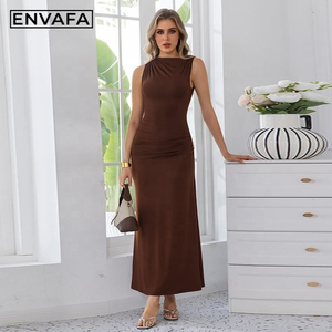 Fabricante de Vestidos Personalizados, Vestido Ajustado con Pliegues para Mujer, Nuevo Vestido de Moda con un Solo Hombro y sin Mangas - Product Image 1